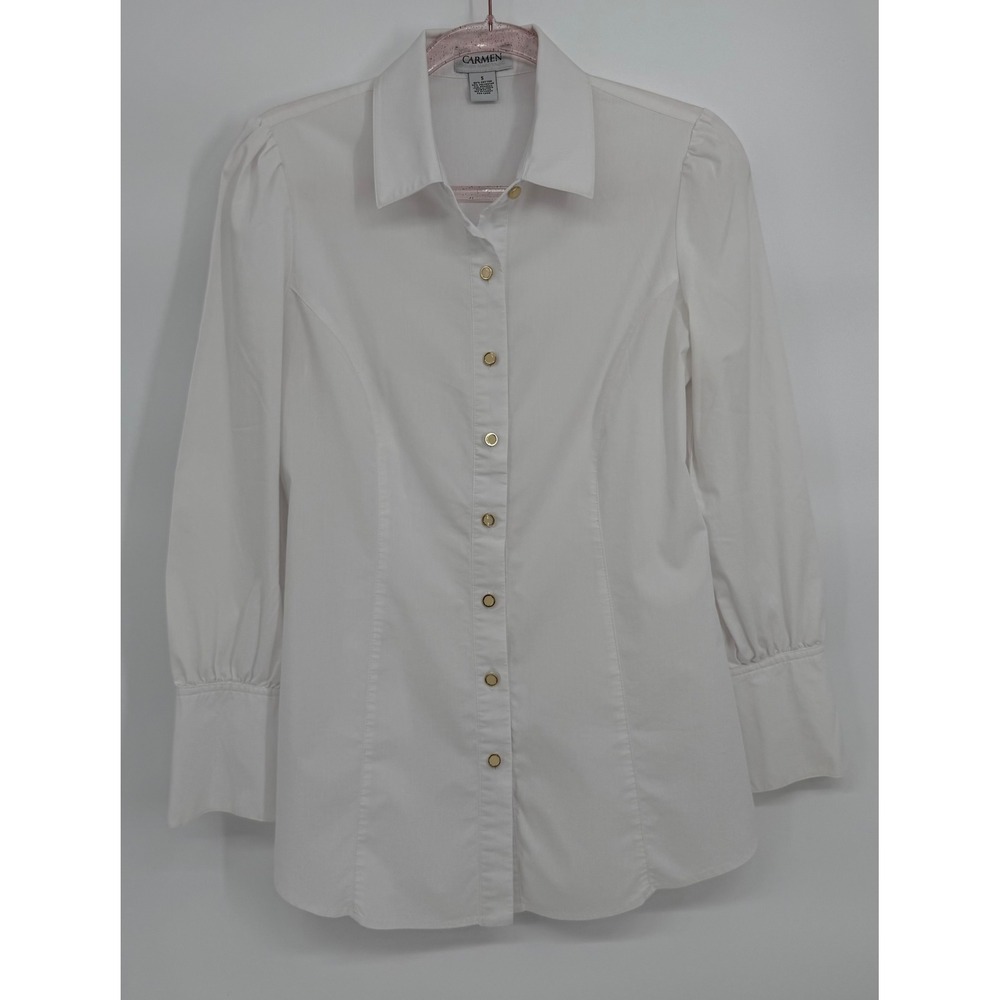 Carmen Marc Valvo Womens White Gold Button Puff Sleeve Button Down Shirt Sz S